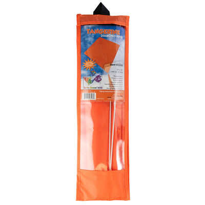 Tangerine Colorfly 30-inch diamond kite soaring against a blue sky, featuring three colorful tails and a lightweight design for easy flying.