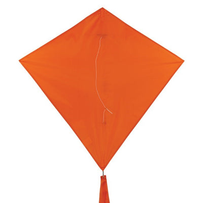 Tangerine Colorfly 30-inch diamond kite soaring against a blue sky, featuring three colorful tails and a lightweight design for easy flying.
