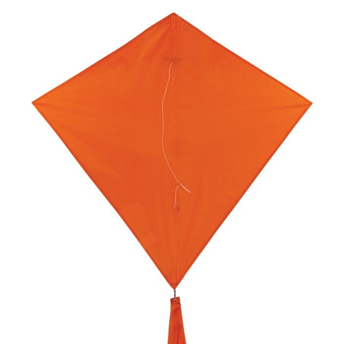 Tangerine Colorfly 30-inch diamond kite soaring against a blue sky, featuring three colorful tails and a lightweight design for easy flying.