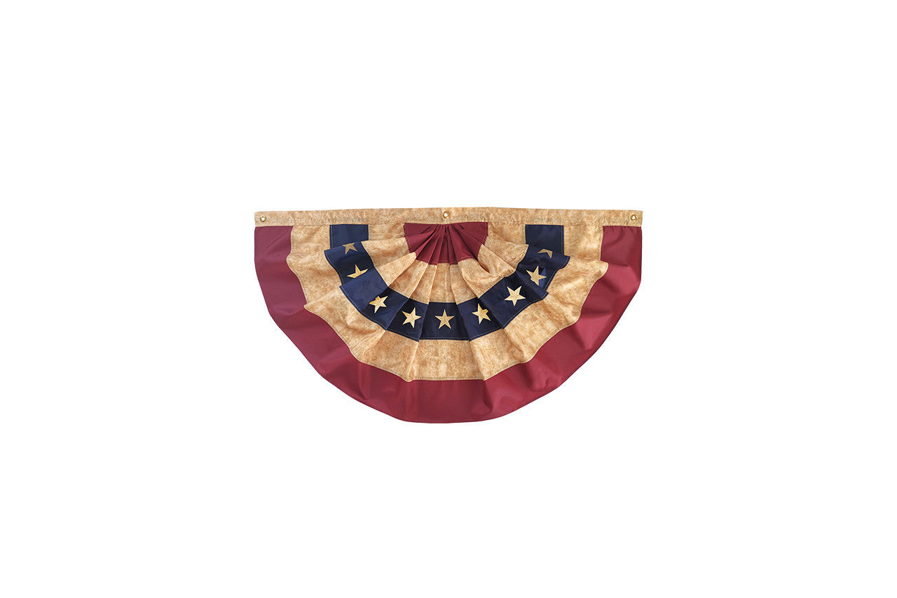 Tea-stained patriotic bunting in red, white, and blue with bold USA text and vintage finish, designed for small outdoor displays like fences or porches.