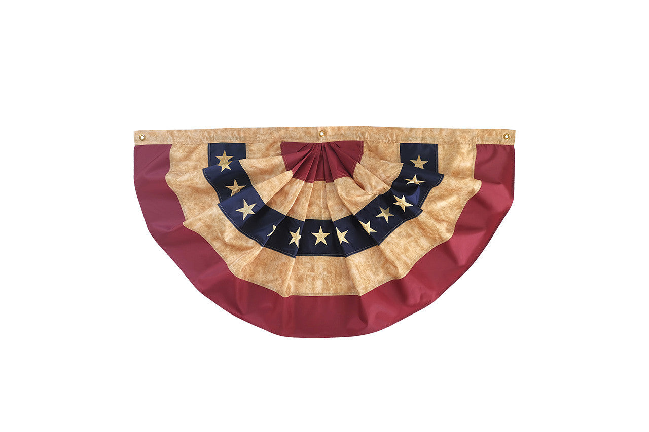 Tea stained patriotic USA bunting made from durable outdoor polyester, measuring 48 x 24 inches for railings, fences, and seasonal displays.