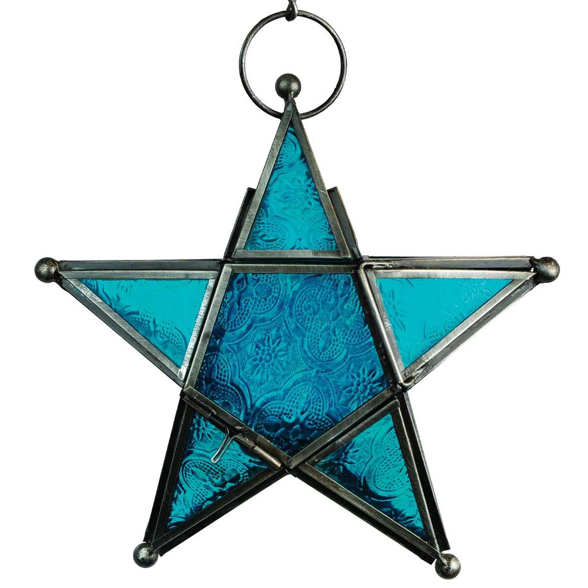Teal 5-Point Star Hanging Tealight Lantern with textured glass panels and metal accents, suspended outdoors against a scenic backdrop.