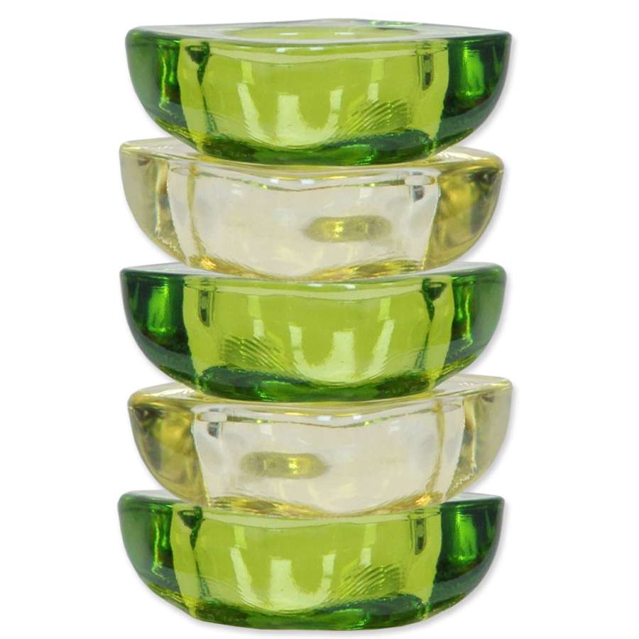 Set of 5 tealight candle holders in yellow and green displayed in a vibrant garden setting, designed for outdoor lighting.