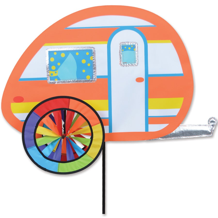 Teardrop Camper Spinner measuring 27x17 inches, featuring a colorful design, revolving in an outdoor setting, adding charm to any garden.