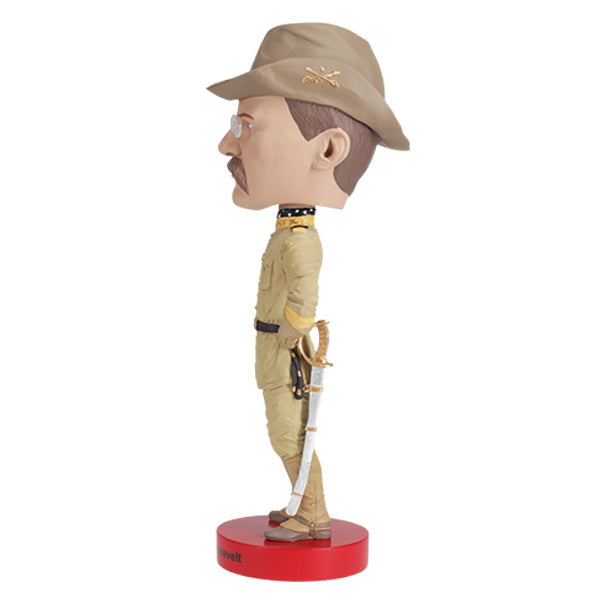 Teddy Roosevelt Bobblehead standing 8 inches tall, featuring detailed hand-painted likeness of Theodore Roosevelt with spectacles and a tailored suit.