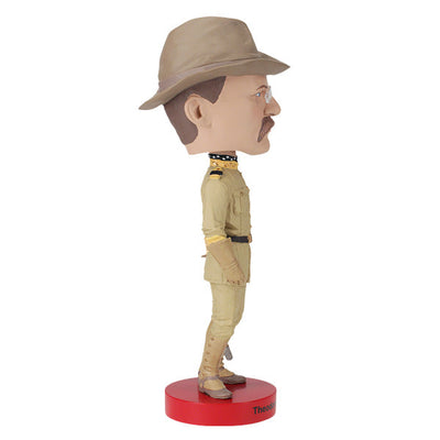 Teddy Roosevelt Bobblehead standing 8 inches tall, featuring detailed hand-painted likeness of Theodore Roosevelt with spectacles and a tailored suit.