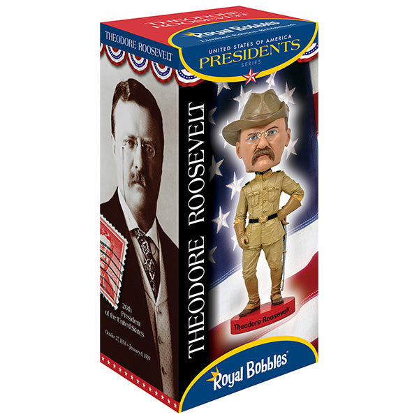 Teddy Roosevelt Bobblehead standing 8 inches tall, featuring detailed hand-painted likeness of Theodore Roosevelt with spectacles and a tailored suit.