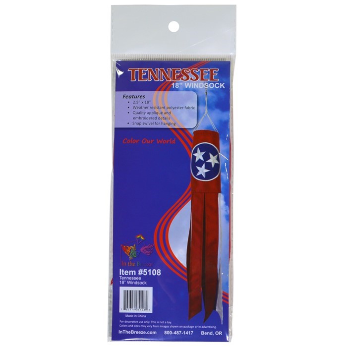 Tennessee 18 inch windsock featuring vibrant colors, embroidered accents, and fluttering tails, designed for outdoor display in gardens or porches.