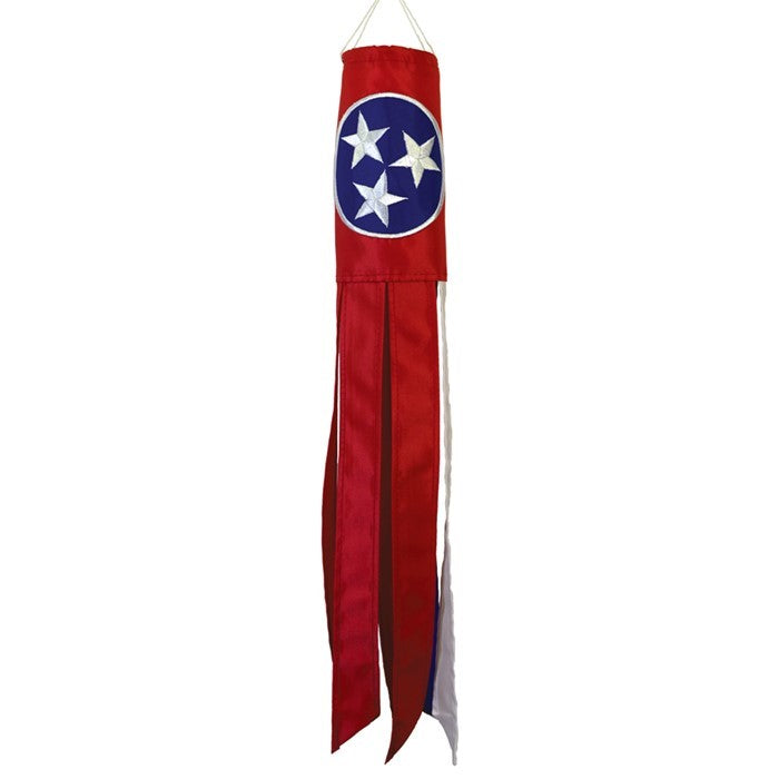 Tennessee 18 inch windsock featuring vibrant colors, embroidered accents, and fluttering tails, designed for outdoor display in gardens or porches.