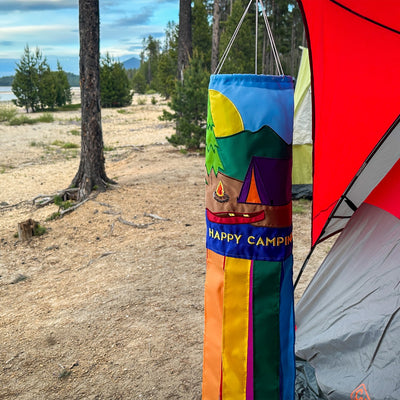 Tent Camping 40-inch windsock with colorful applique graphics and eight tails fluttering in a gentle breeze, designed for outdoor decoration.