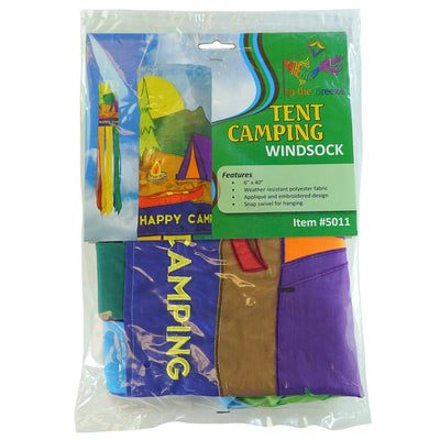 Tent Camping 40-inch windsock with colorful applique graphics and eight tails fluttering in a gentle breeze, designed for outdoor decoration.