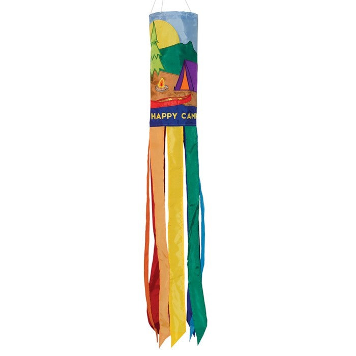 Tent Camping 40-inch windsock with colorful applique graphics and eight tails fluttering in a gentle breeze, designed for outdoor decoration.
