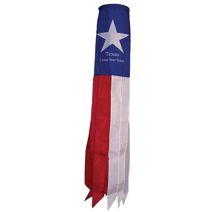 Texas 40' windsock with colorful applique graphics and eight fluttering tails, displayed gracefully in a garden setting under the sun.