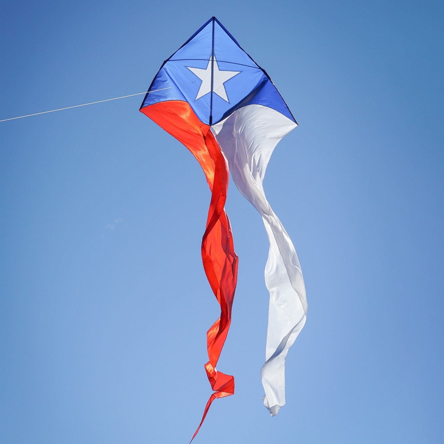 Texas 77-inch Wave Delta Kite featuring an applique star and flowing tails soaring against a blue sky on a breezy day.