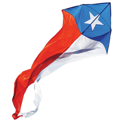 Texas 77-inch Wave Delta Kite featuring an applique star and flowing tails soaring against a blue sky on a breezy day.