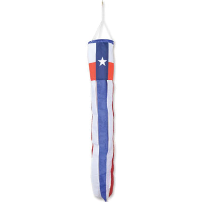 Texas windsock measuring 40 inches, featuring a colorful Texas flag design, displayed in a garden setting with the wind blowing gently.