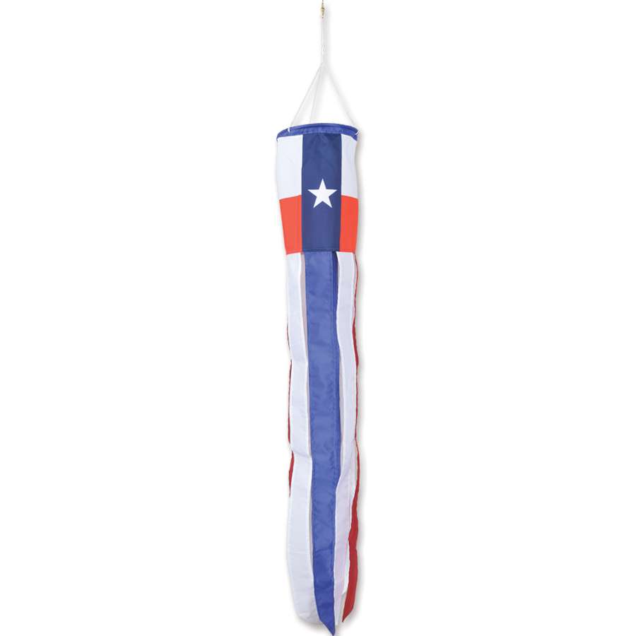 Texas windsock measuring 40 inches, featuring a colorful Texas flag design, displayed in a garden setting with the wind blowing gently.
