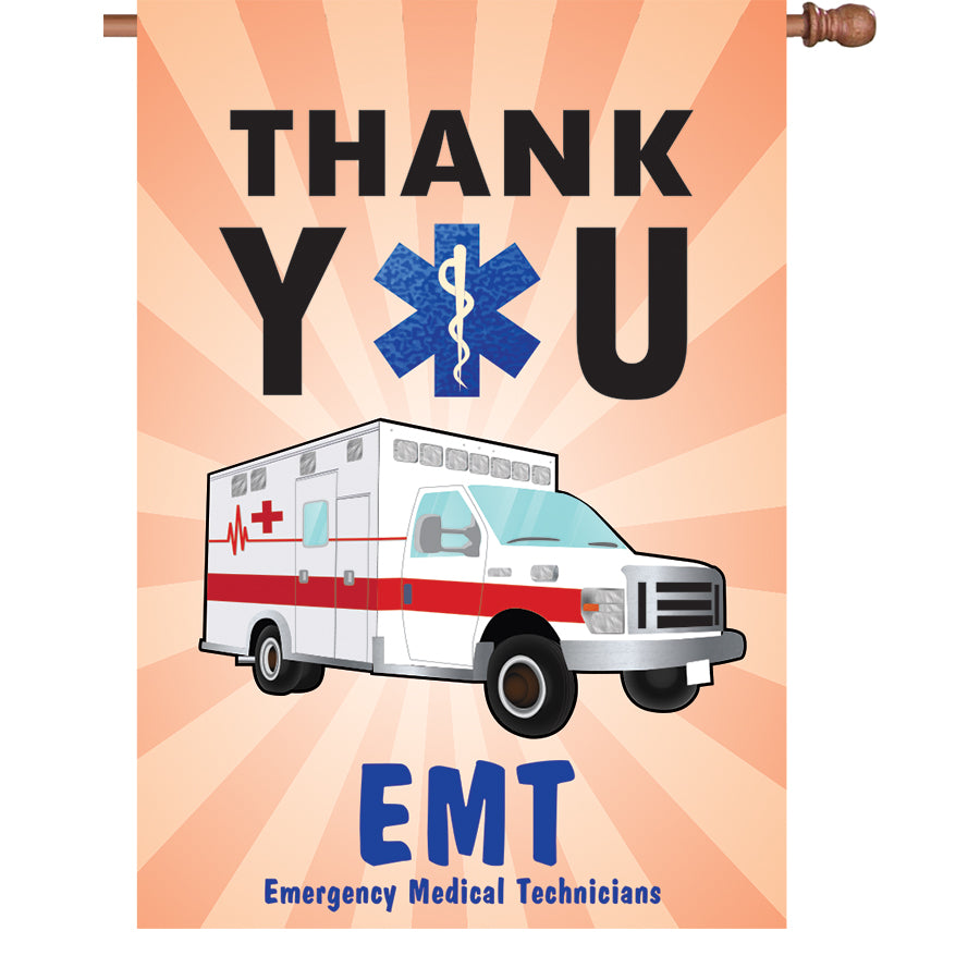 28 in. Thank You EMT house flag crafted from velvety PremierSoft fabric, displaying appreciation for emergency medical technicians in outdoor setting.