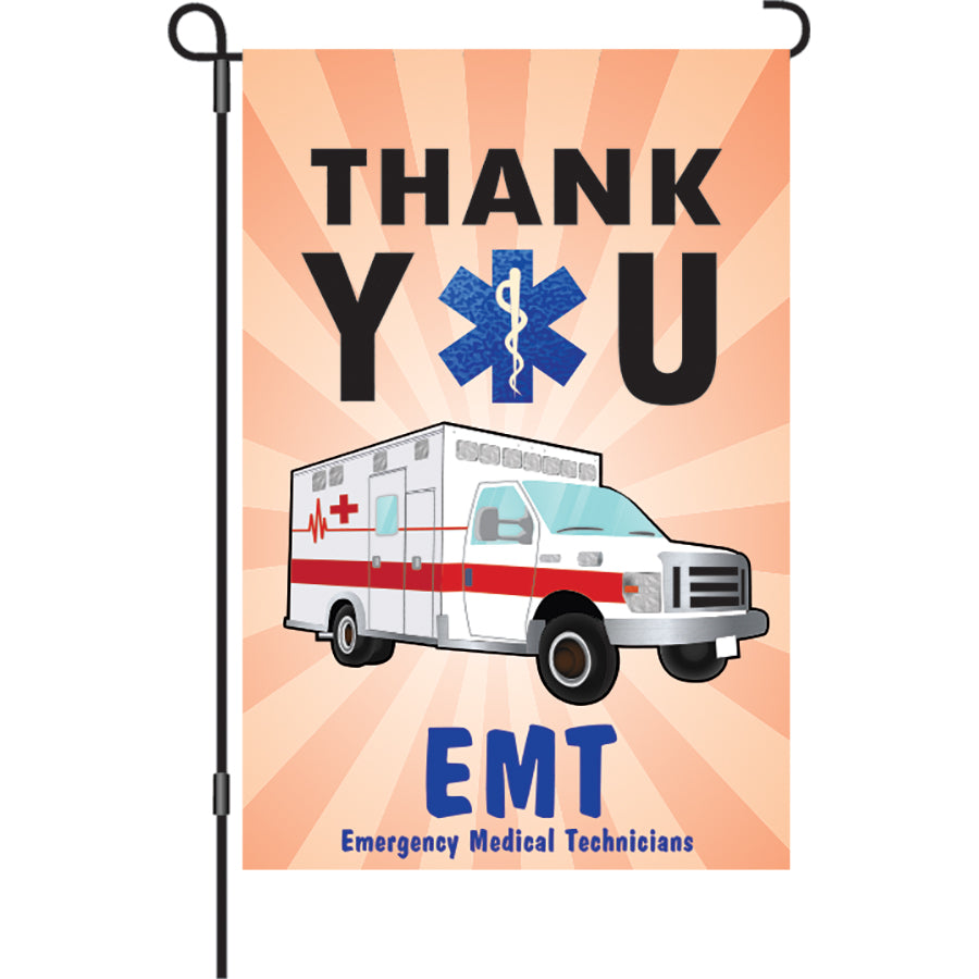 Thank You EMT garden flag displayed outdoors, featuring the message 'THANK YOU EMT' printed on both sides in vibrant colors.