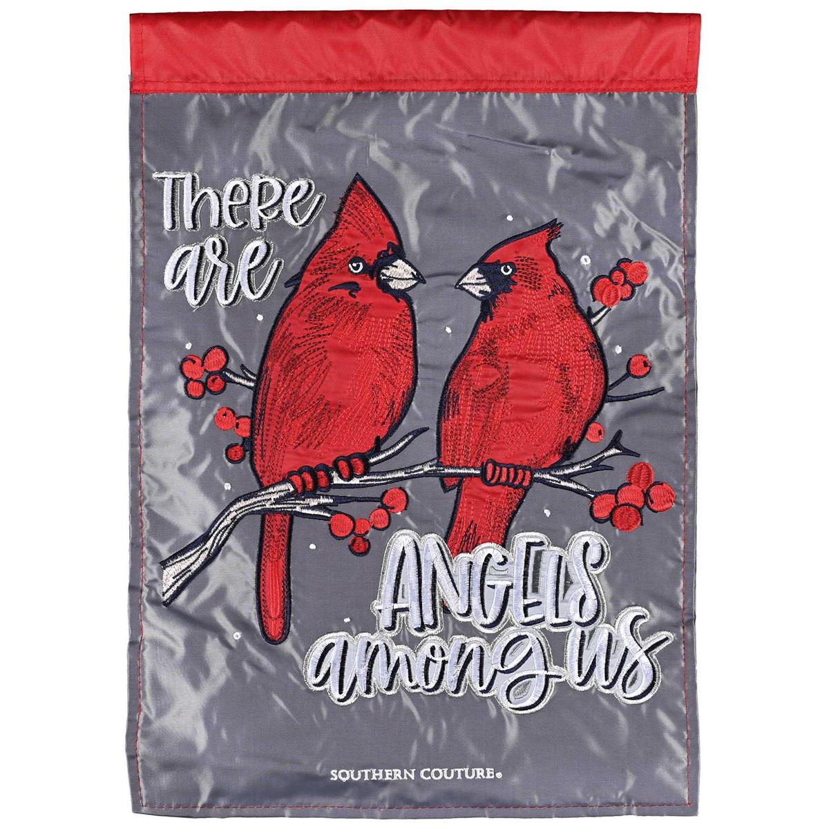 There Are Angels Among Us garden flag, double-sided with beautifully detailed appliques, displayed outdoors in a garden setting.