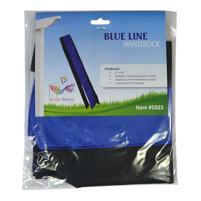 Thin Blue Line 40-inch windsock featuring a blue center line and black outer lines, elegantly flowing outdoors and symbolizing law enforcement support.