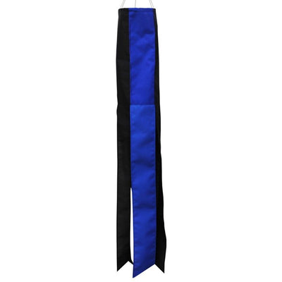 Thin Blue Line 40-inch windsock featuring a blue center line and black outer lines, elegantly flowing outdoors and symbolizing law enforcement support.