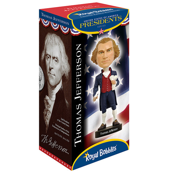 Thomas Jefferson Bobblehead in polyresin, standing approximately 8 inches tall, featuring hand-painted details and vibrant colors, ideal for collectors.