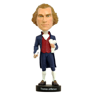 Thomas Jefferson Bobblehead in polyresin, standing approximately 8 inches tall, featuring hand-painted details and vibrant colors, ideal for collectors.