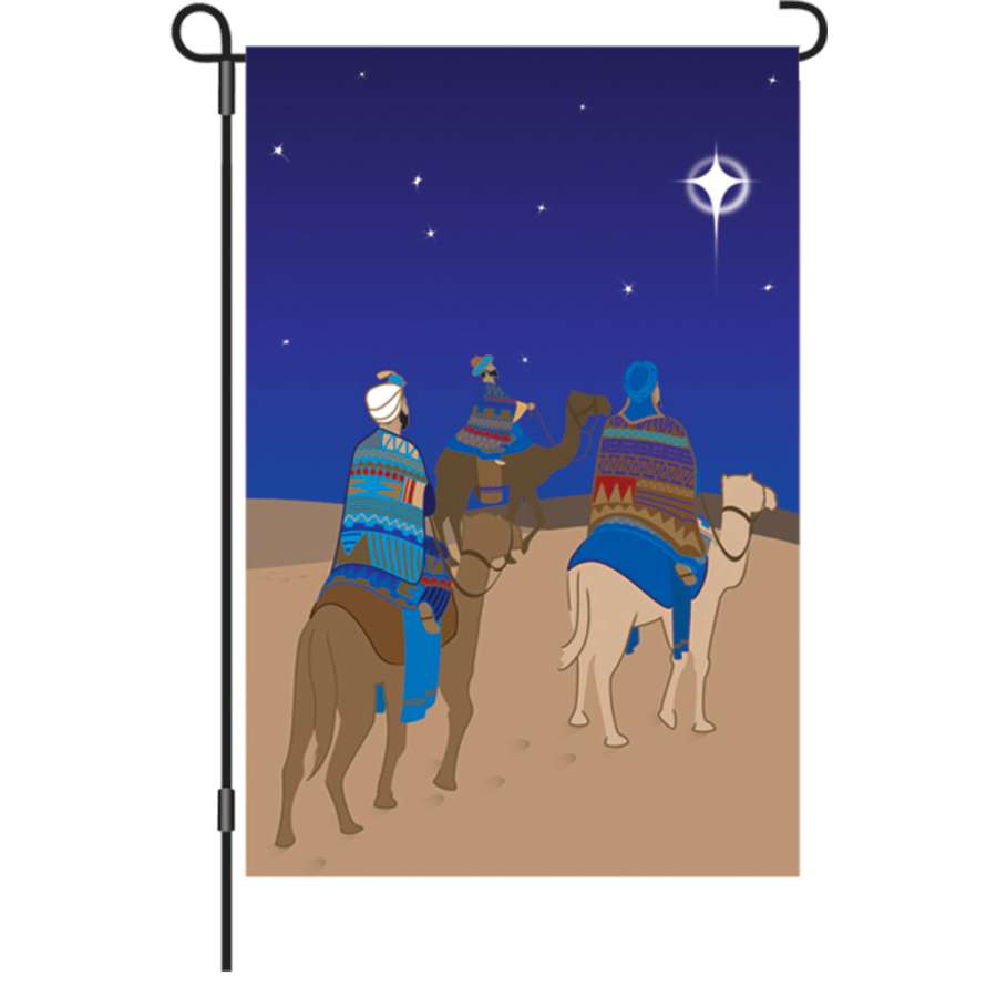 12 inch Three Wisemen flag with vibrant holiday design displayed in a winter garden setting, capturing the spirit of Christmas.