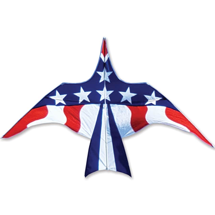 11.5 foot Patriotic Thunderbird kite with stars and stripes, stable flight, bold red-white-blue design, and line included for outdoor sky fun.