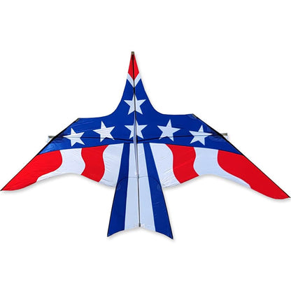 16 foot Thunderbird kite with red, white, and blue stars-and-stripes design, massive wingspan, and stable flight. Includes line and handle.