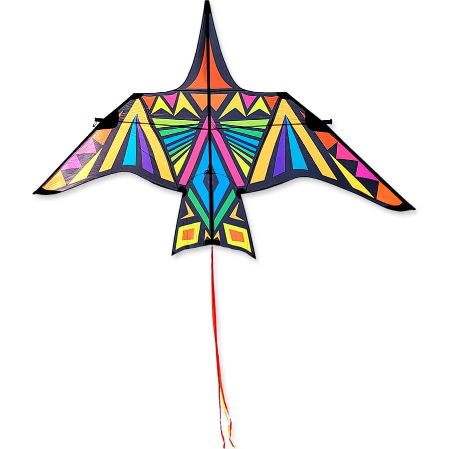 16 foot Thunderbird kite with bold rainbow geometric pattern, massive wingspan, strong flight, and line included for epic outdoor flying.