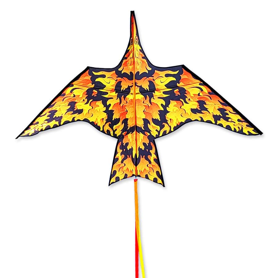 90 inch Thunderbird kite with fiery phoenix colors, smooth delta flight, vibrant design, and included line for easy and exciting outdoor fun.