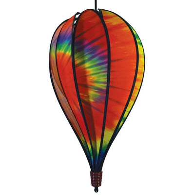 Tie Dye 10-Panel Hot Air Balloon Spinner in motion, showcasing its colorful trademark design, elegantly spinning in a gentle breeze outdoors.