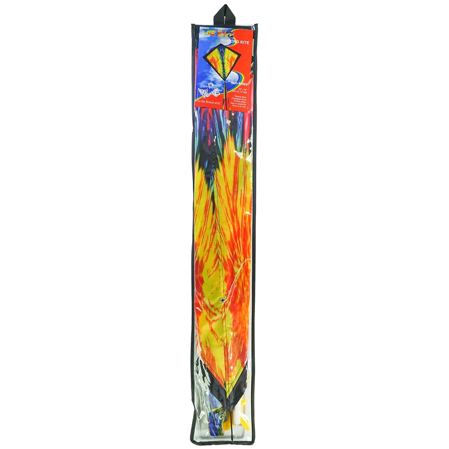 Tie Dye 30 inch Diamond Kite flying high in the sky with vibrant colors and 12-foot streamer tails swaying in the wind.