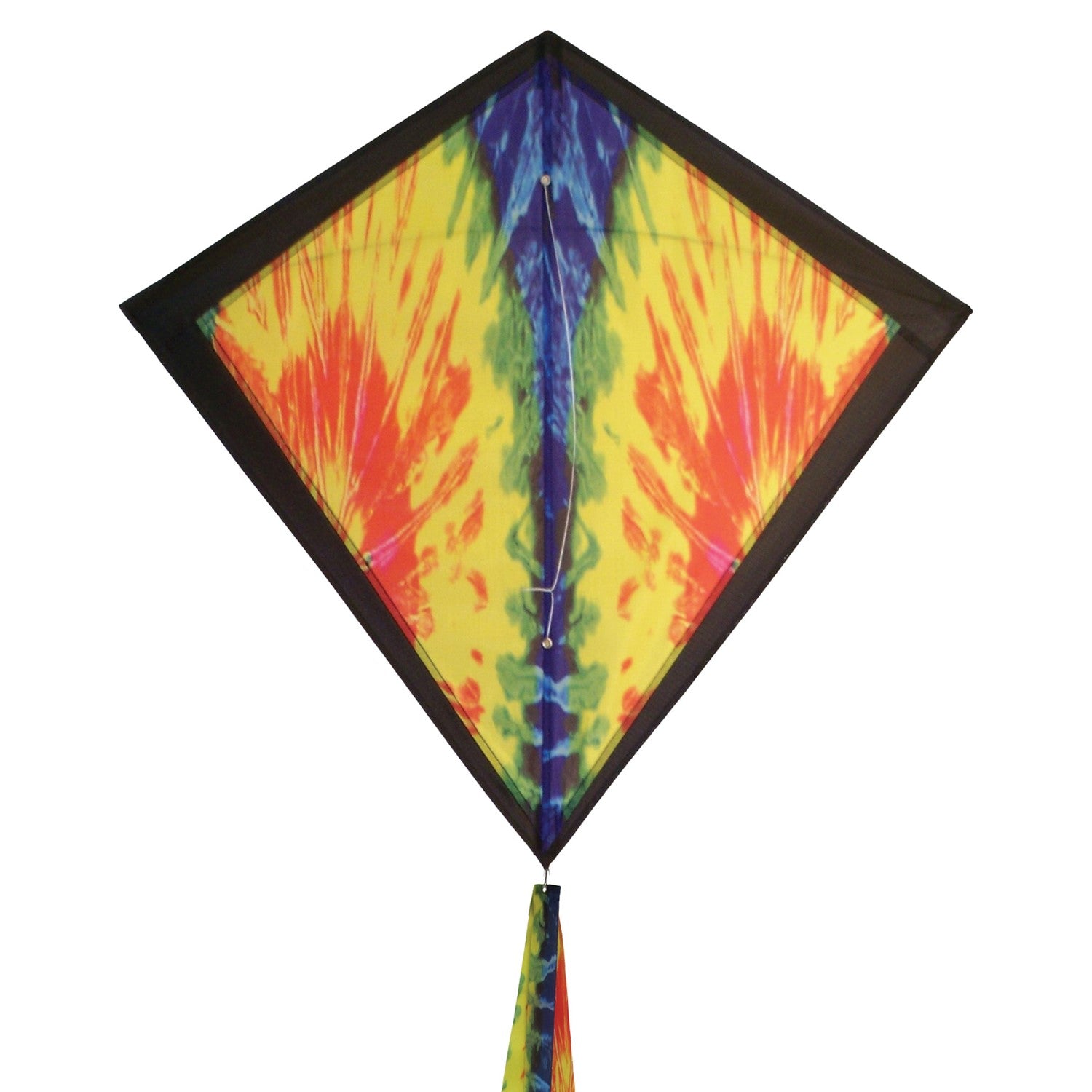 Tie Dye 30 inch Diamond Kite flying high in the sky with vibrant colors and 12-foot streamer tails swaying in the wind.