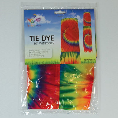 Tie Dye 30\" Windsock featuring a colorful spiral design with six flowing tails, elegantly hanging outdoors in a vibrant setting.