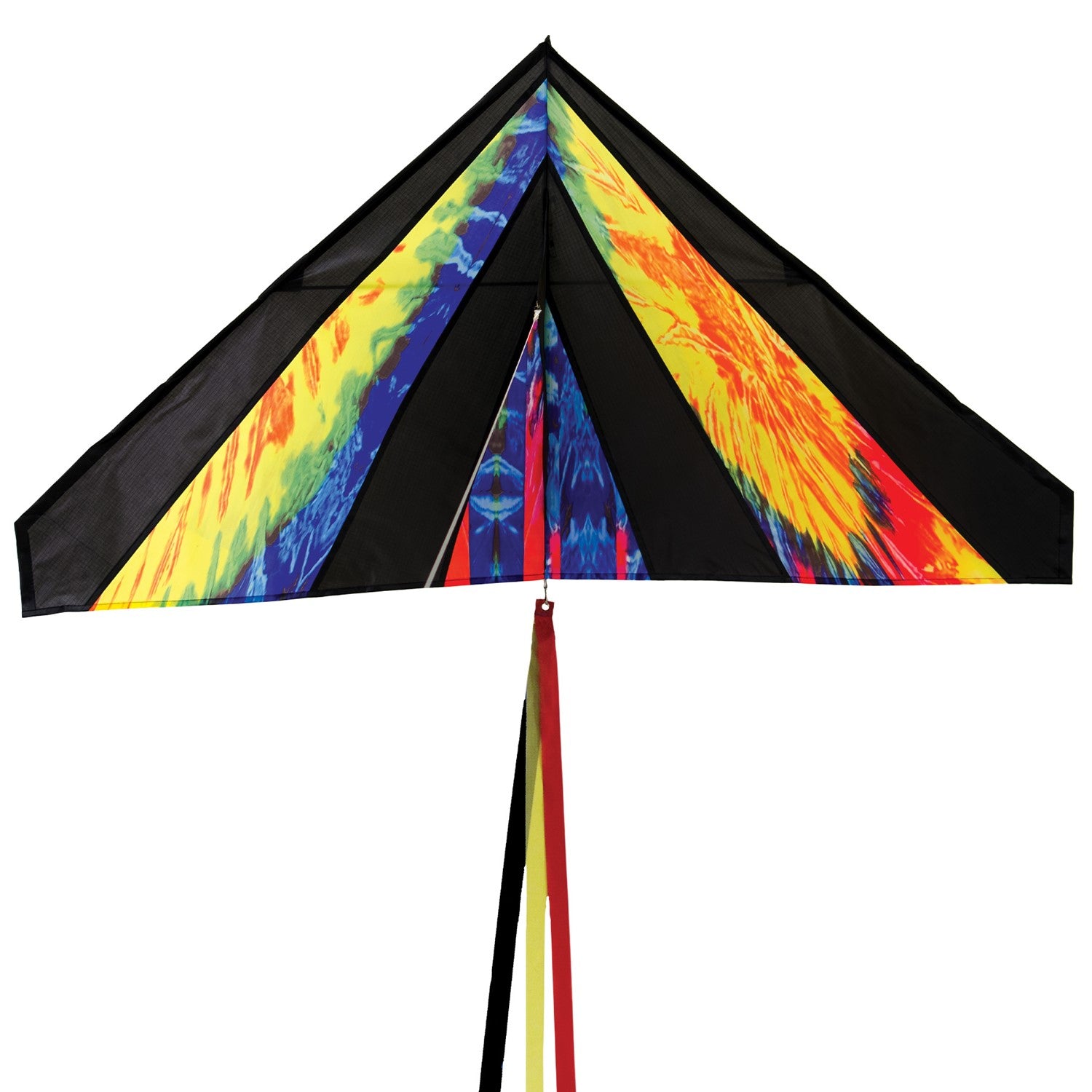 Tie Dye 46" Delta Kite soaring against a blue sky, featuring colorful streamer tails and tie-dye pattern, ideal for outdoor fun.