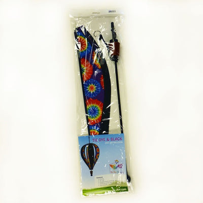 Vibrant Tie Dye 6-Panel Hot Air Balloon garden spinner hanging in a sunny outdoor setting, showcasing colorful tie-dye pattern.