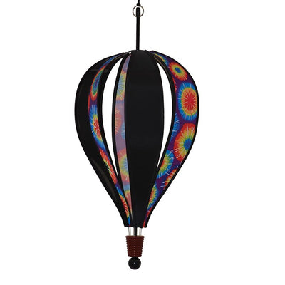 Vibrant Tie Dye 6-Panel Hot Air Balloon garden spinner hanging in a sunny outdoor setting, showcasing colorful tie-dye pattern.