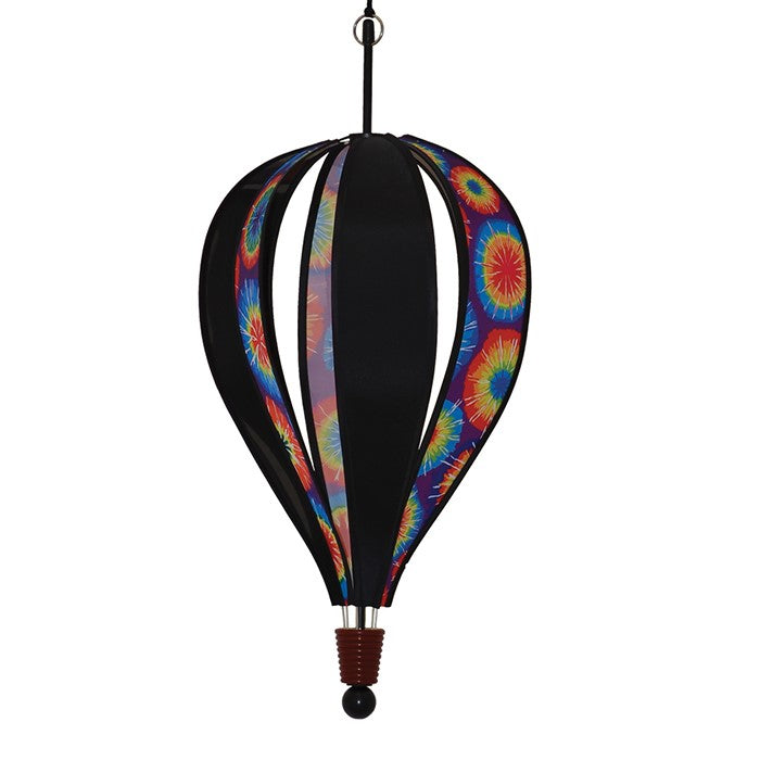 Vibrant Tie Dye 6-Panel Hot Air Balloon garden spinner hanging in a sunny outdoor setting, showcasing colorful tie-dye pattern.