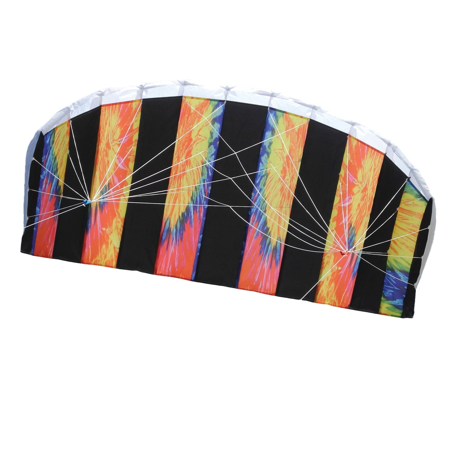 Tie Dye 62\" Sport Air Foil kite soaring in the sky, showcasing bright colors and intricate patterns against a clear blue background.