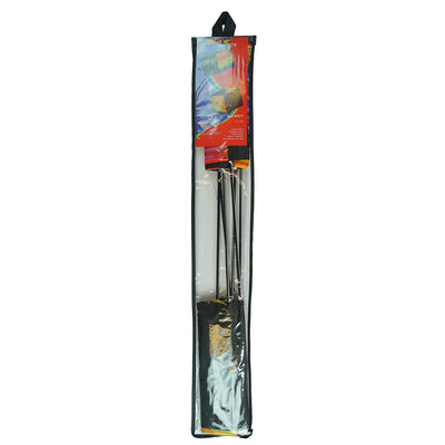 Tie Dye Box Kite flying high against a blue sky, showcasing its vibrant tie-dye design and sturdy fiberglass structure.