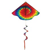 Tie Dye Delta Kite with Spinning Tail flying in the sky, showcasing its vibrant colors and unique design against a clear blue backdrop.