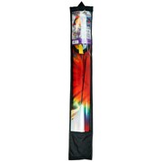 Tie Dye Delta Kite with Spinning Tail flying in the sky, showcasing its vibrant colors and unique design against a clear blue backdrop.