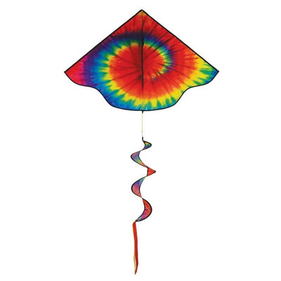 Tie Dye Delta Kite with Spinning Tail flying in the sky, showcasing its vibrant colors and unique design against a clear blue backdrop.