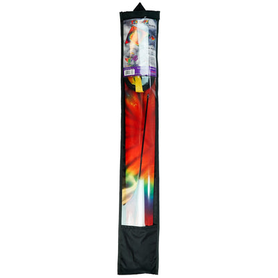 Tie Dye Delta with Spinning Tail flying in a clear blue sky, showcasing vibrant rainbow colors and a matching spinner tail.