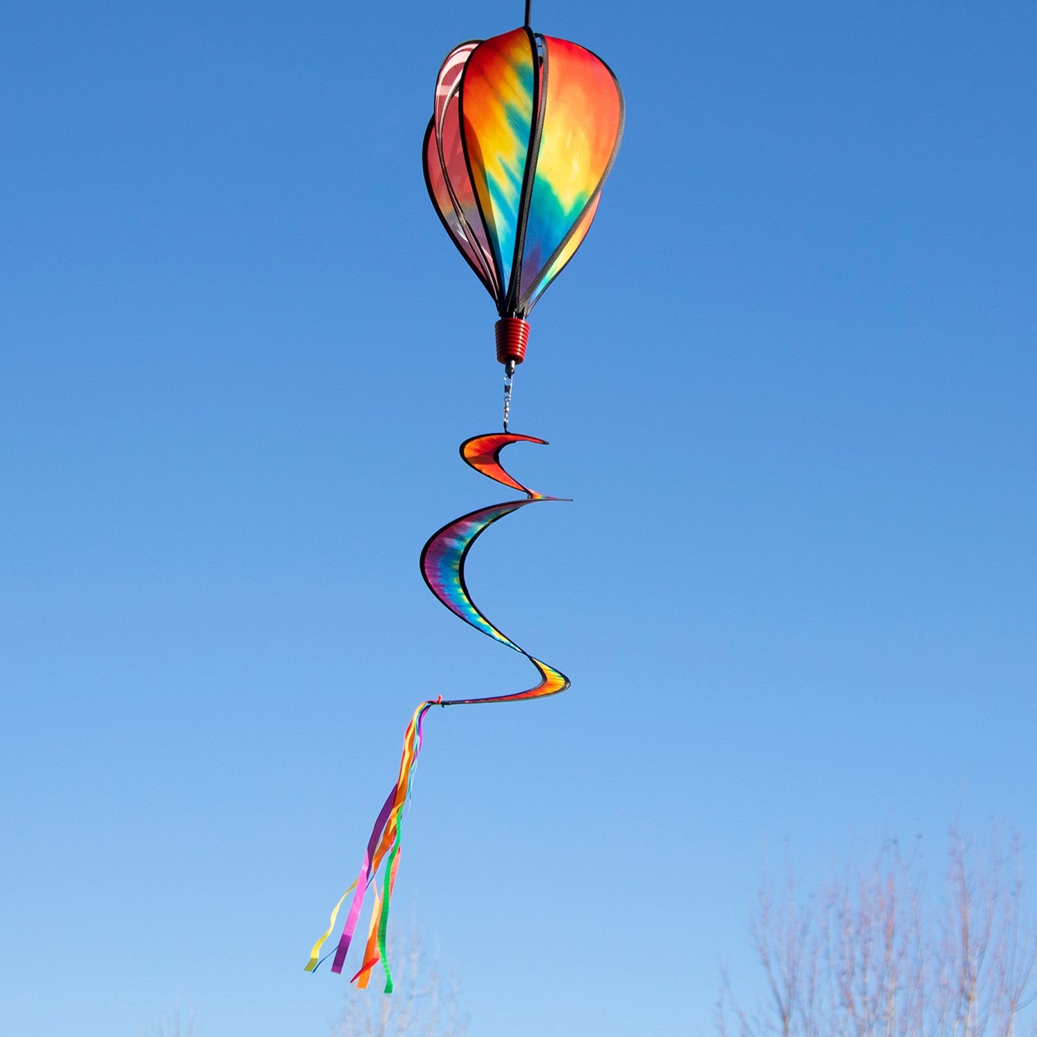 Visually stunning Tie Dye 6-Panel Hot Air Balloon spinner featuring vibrant rainbow colors and a twister tail, designed for outdoor display and easy hanging.
