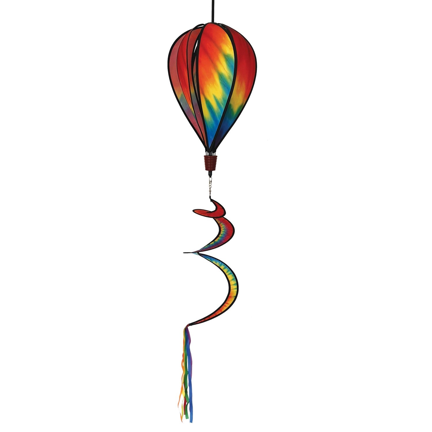 Visually stunning Tie Dye 6-Panel Hot Air Balloon spinner featuring vibrant rainbow colors and a twister tail, designed for outdoor display and easy hanging.