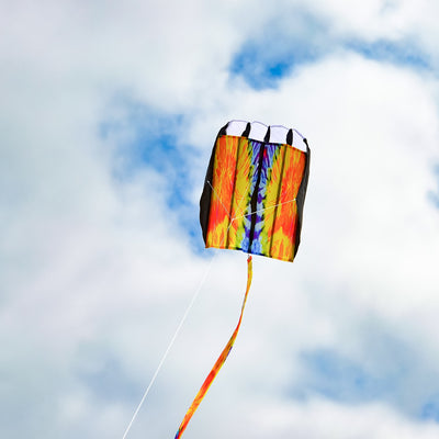 Tie Dye Pouch Parafoil Kite soaring in the blue sky, featuring a colorful design and three coordinating kite tails.